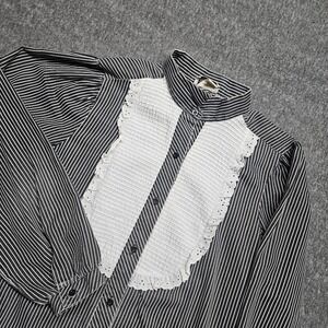 Square One Button Up Shirt Women Large Black White Striped Eyelet Bib Vintage